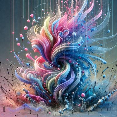 The primary subject of the image is a colorful, abstract artwork featuring a mix of pink, blue, and purple colors. The setting is a futuristic cityscape, with a backdrop of a sky filled with various shapes and colors. The visual style is a combination of digital art and illustration, creating a vibrant and dynamic scene. The overall atmosphere is energetic and lively, with the artwork capturing the viewer's attention and imagination.